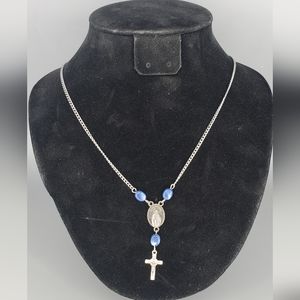 St. Anthony and St. Peregrine Silvertone Blue Bead Cross Necklace